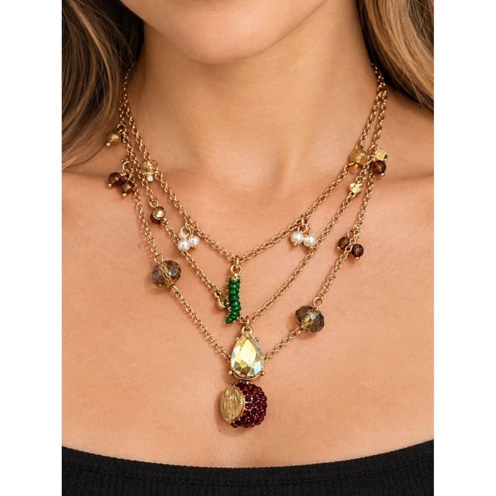 Betsey Johnson NWT Layered Necklace Apple Caterpillar Pearl Crystal Rhinestone